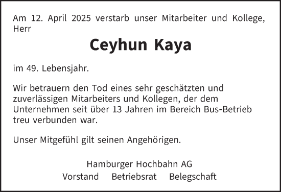 Traueranzeige von Ceyhun Kaya von Hamburger Abendblatt