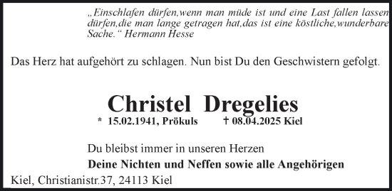 Traueranzeige von Christel Dregelies von Hamburger Abendblatt