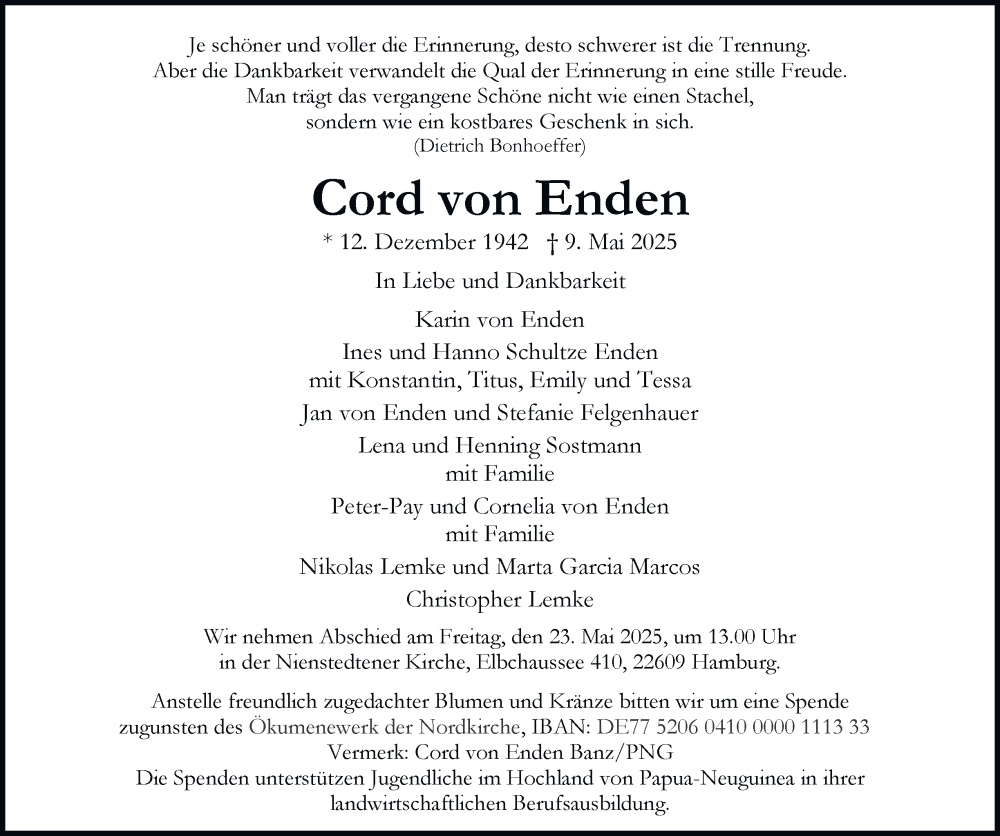  Traueranzeige für Cord von Enden vom 17.05.2025 aus Hamburger Abendblatt