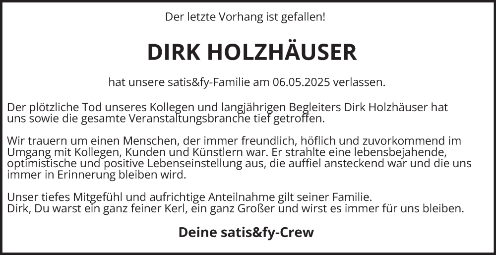  Traueranzeige für Dirk Holzhäuser vom 24.05.2025 aus Hamburger Abendblatt