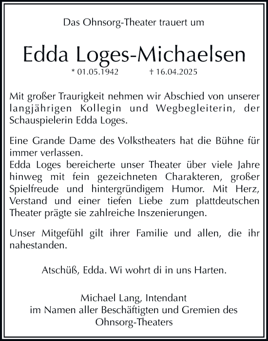 Traueranzeige von Edda Loges-Michaelsen von Hamburger Abendblatt