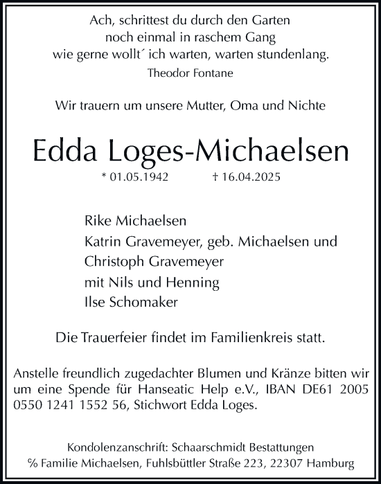 Traueranzeige von Edda Loges-Michaelsen von Hamburger Abendblatt