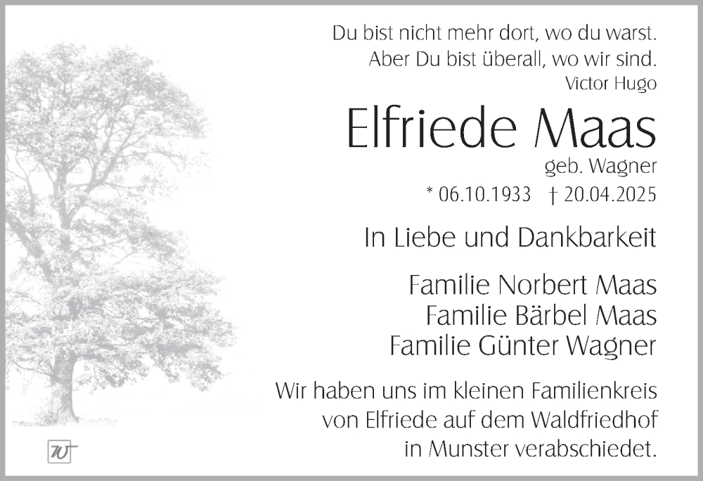  Traueranzeige für Elfriede Maas vom 24.05.2025 aus HA Regio Norderstedt