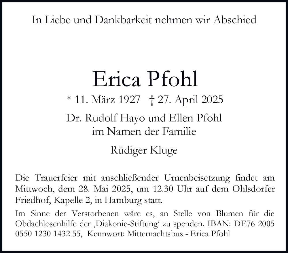  Traueranzeige für Erica Pfohl vom 17.05.2025 aus Hamburger Abendblatt