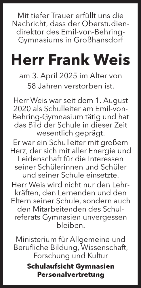 Traueranzeige von Frank Weis von Hamburger Abendblatt