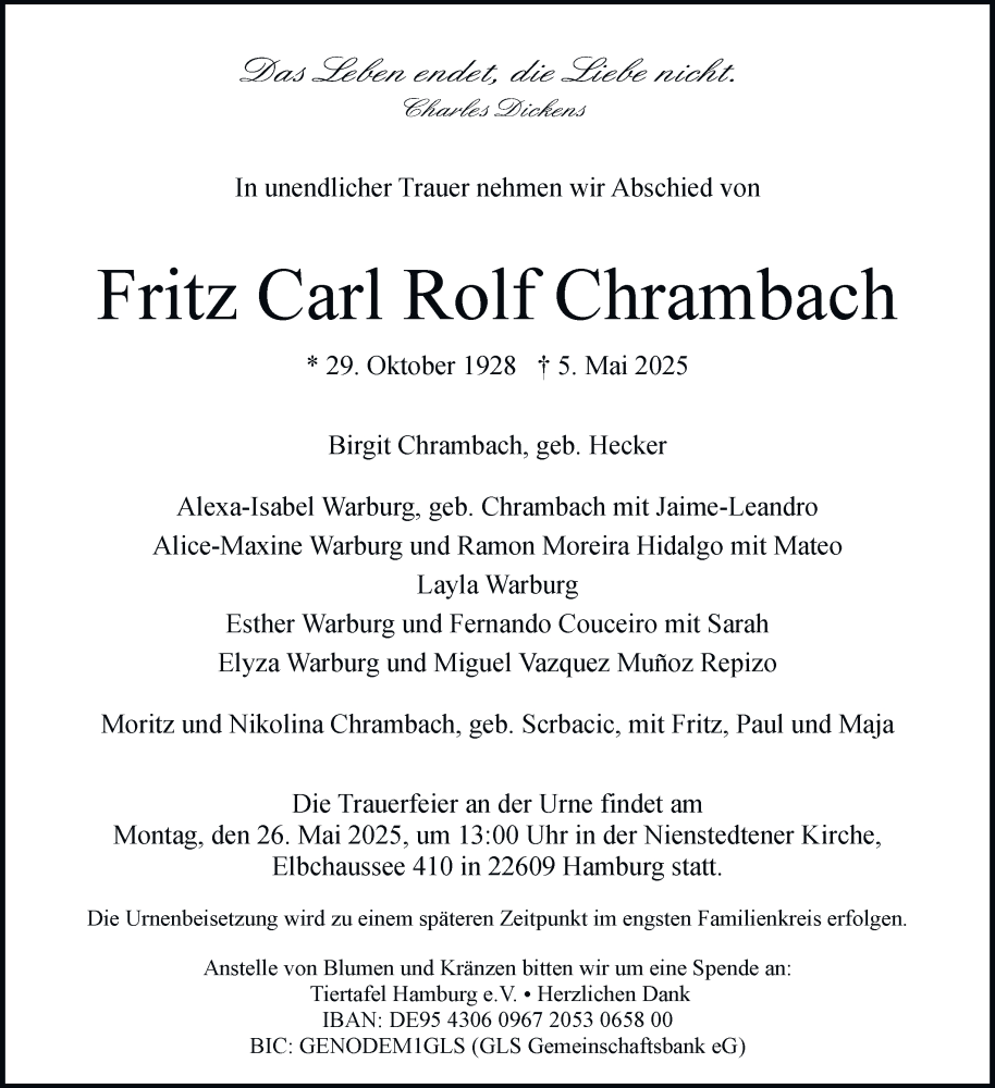  Traueranzeige für Fritz  Chrambach vom 17.05.2025 aus Hamburger Abendblatt
