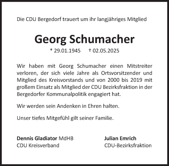 Traueranzeige von Georg Schumacher von Bergedorfer Zeitung