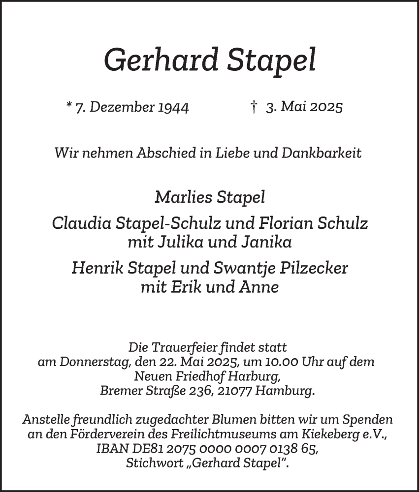  Traueranzeige für Gerhard Stapel vom 17.05.2025 aus Hamburger Abendblatt
