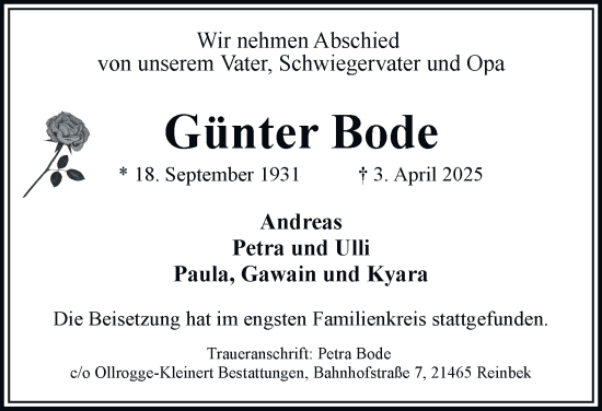 Traueranzeige von Günter Bode von Bergedorfer Zeitung