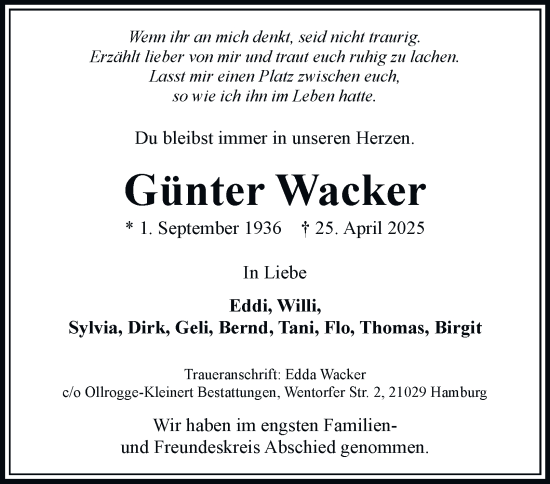 Traueranzeige von Günter Wacker 