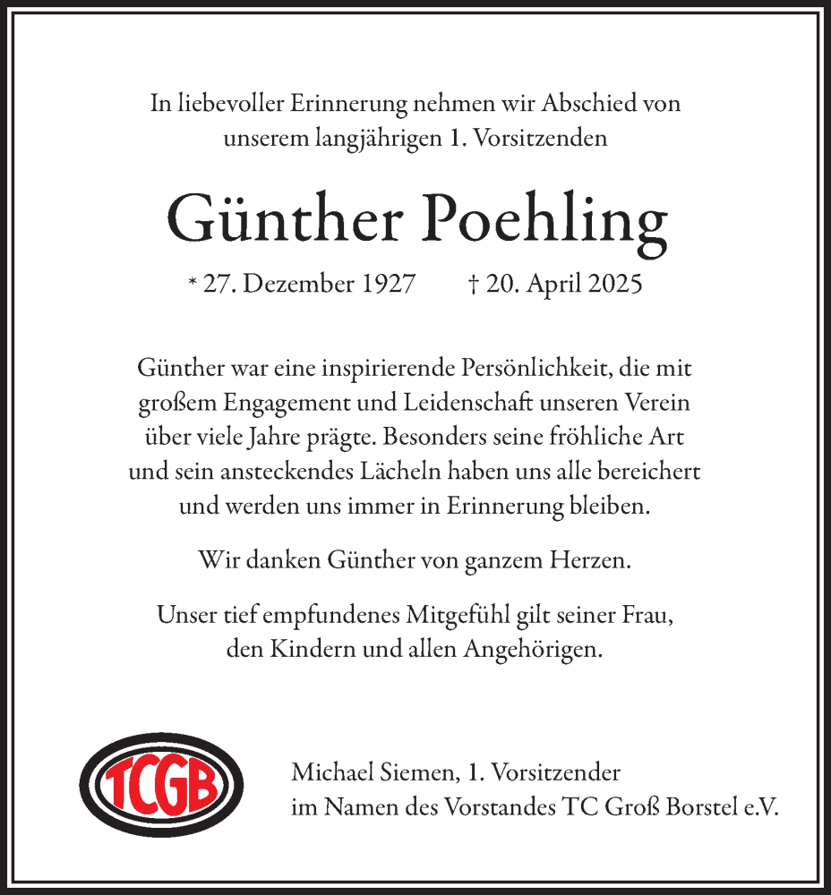  Traueranzeige für Günther Poehling vom 17.05.2025 aus Hamburger Abendblatt
