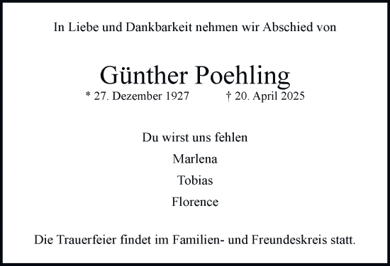 Traueranzeige von Günther Poehling von Hamburger Abendblatt