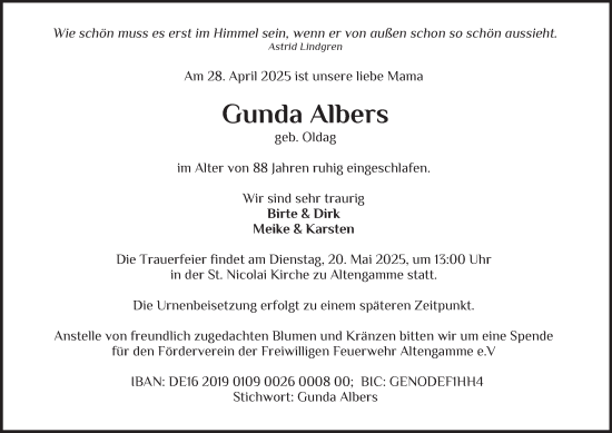 Traueranzeige von Gunda Albers von Bergedorfer Zeitung