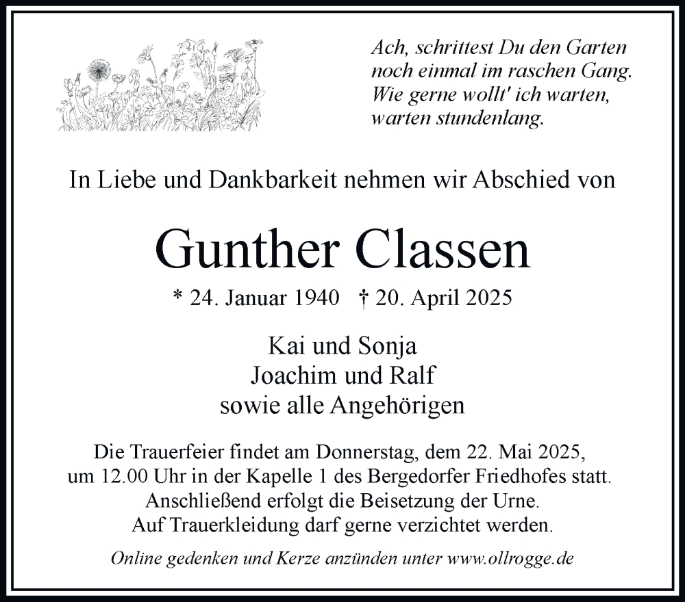  Traueranzeige für Gunther Classen vom 03.05.2025 aus Bergedorfer Zeitung