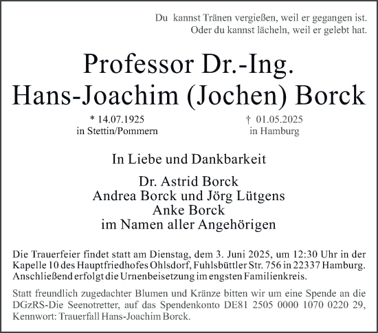 Traueranzeige von Hans-Joachim Borck von Hamburger Abendblatt