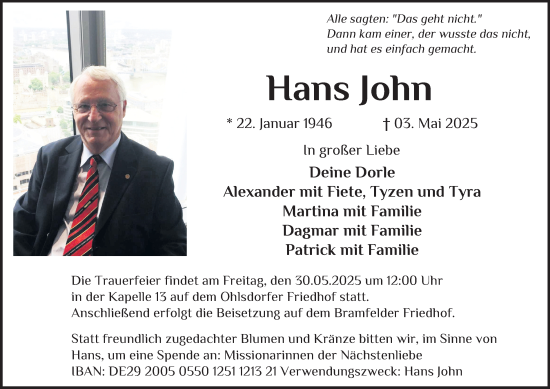 Traueranzeige von Hans John von Hamburger Abendblatt