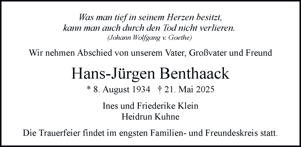 Traueranzeige für Hans-Jürgen Benthaack vom 31.05.2025 aus Hamburger Abendblatt