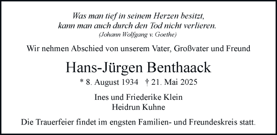 Traueranzeige von Hans-Jürgen Benthaack von Hamburger Abendblatt