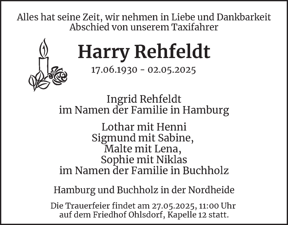  Traueranzeige für Harry Rehfeldt vom 17.05.2025 aus 