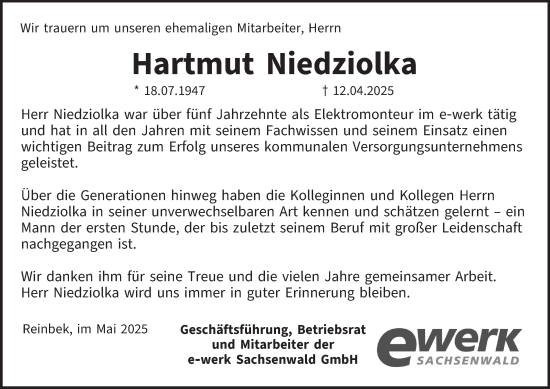 Traueranzeige von Hartmut Niedziolka von Bergedorfer Zeitung