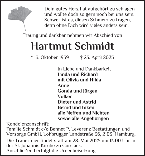 Traueranzeige von Hartmut Schmidt von Bergedorfer Zeitung