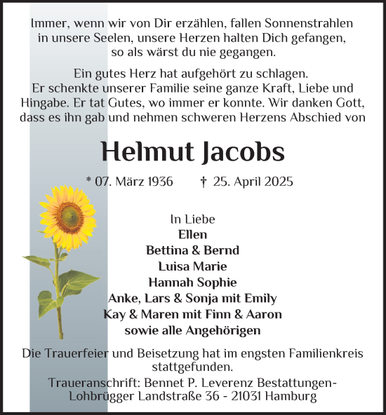 Traueranzeige von Helmut Jacobs von Bergedorfer Zeitung
