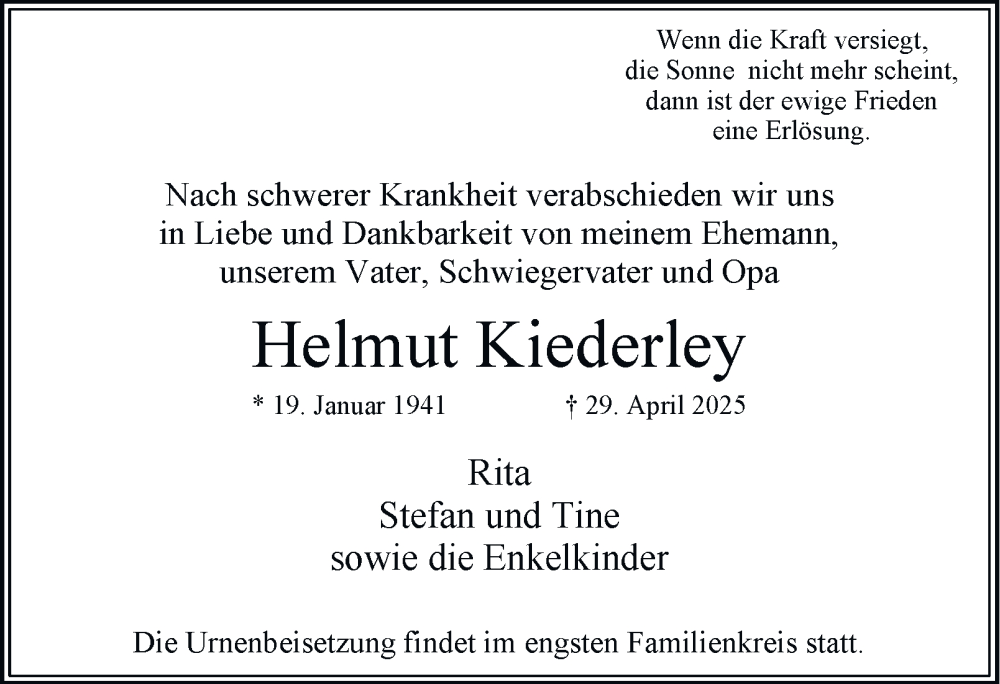  Traueranzeige für Helmut Kiederley vom 17.05.2025 aus 