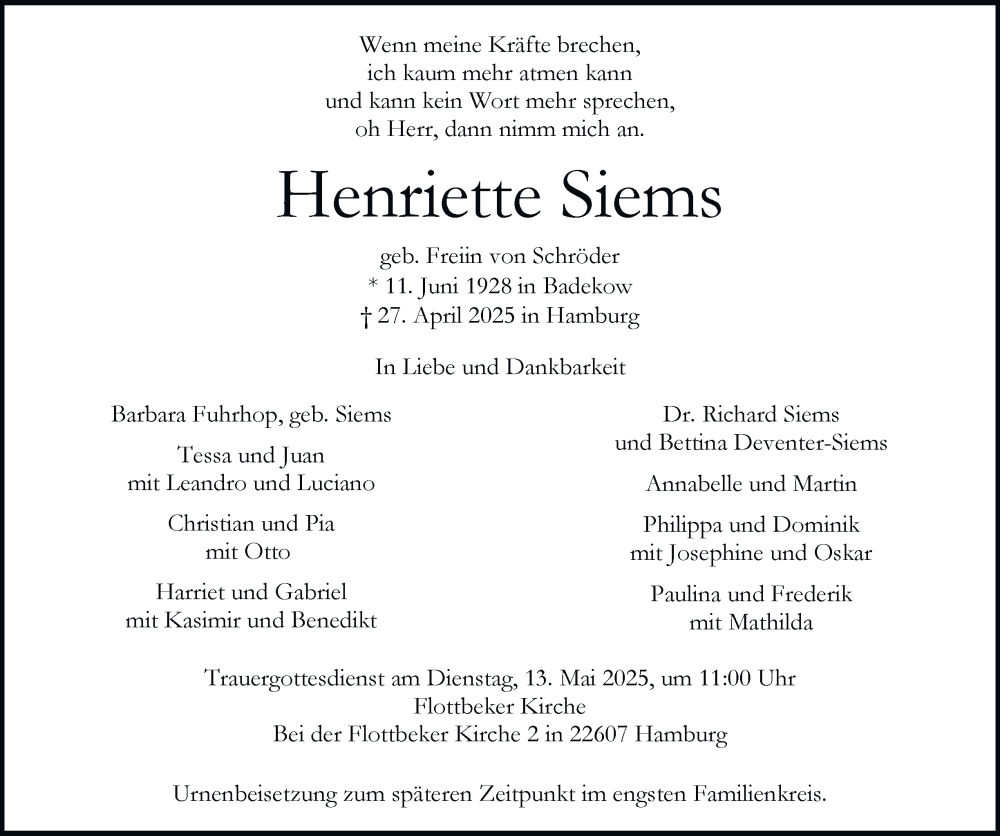  Traueranzeige für Henriette Siems vom 10.05.2025 aus Hamburger Abendblatt