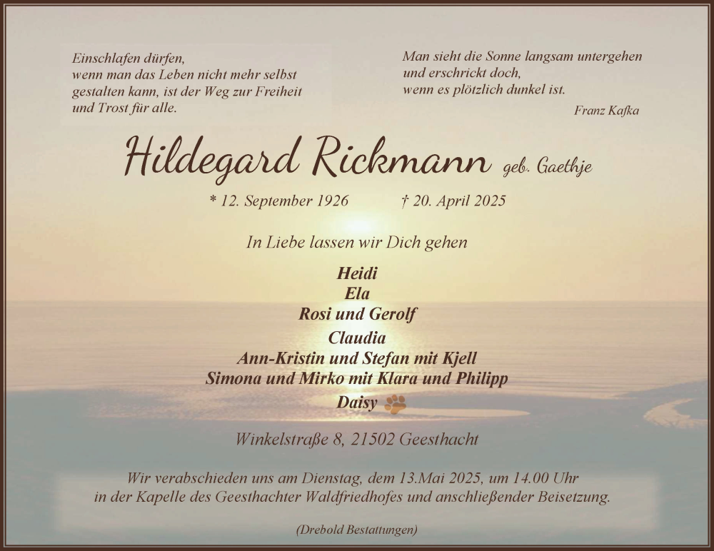  Traueranzeige für Hildegard Rickmann vom 03.05.2025 aus Bergedorfer Zeitung