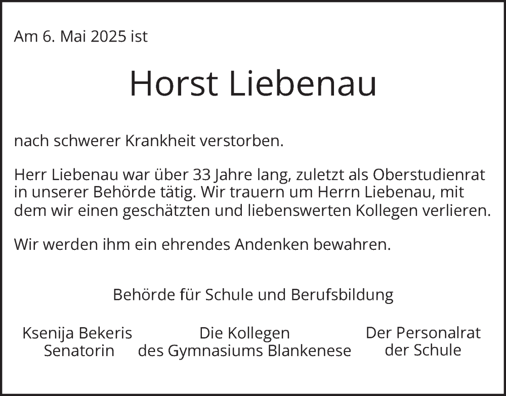  Traueranzeige für Horst Liebenau vom 17.05.2025 aus Hamburger Abendblatt