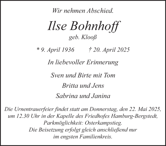 Traueranzeige von Ilse Bohnhoff von Hamburger Abendblatt