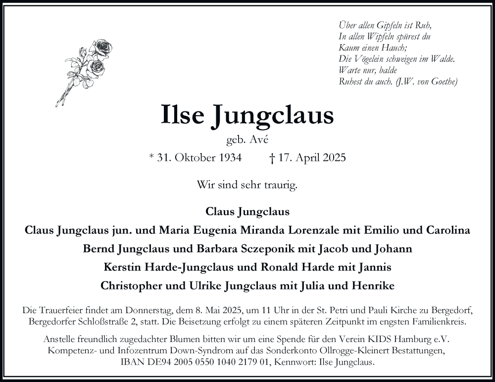  Traueranzeige für Ilse Jungclaus vom 03.05.2025 aus Hamburger Abendblatt, Bergedorfer Zeitung