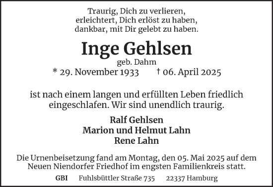 Traueranzeige von Inge Gehlsen 
