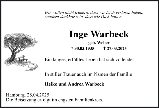 Traueranzeige von Inge Warbeck von Hamburger Abendblatt