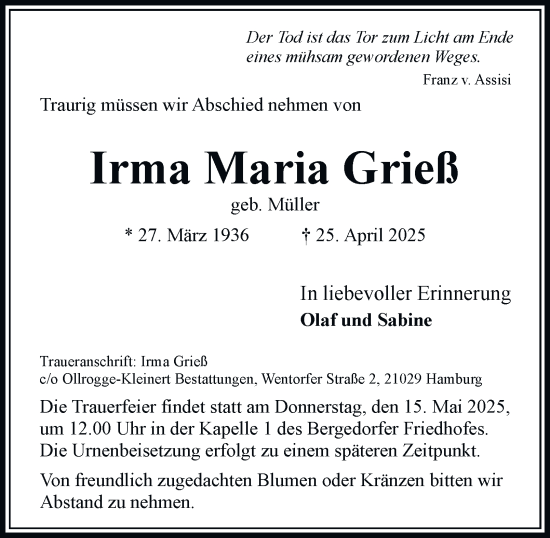 Traueranzeige von Irma Maria Grieß von Bergedorfer Zeitung