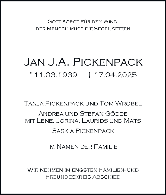 Traueranzeige von Jan J.A. Pickenpack von Hamburger Abendblatt