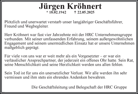 Traueranzeige von Jürgen Kröhnert von Hamburger Abendblatt