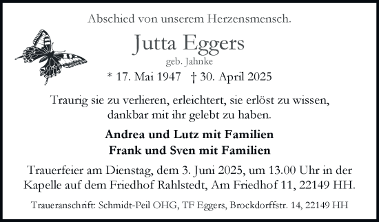Traueranzeige von Jutta Eggers von Hamburger Abendblatt