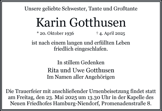 Traueranzeige von Karin Gotthusen 