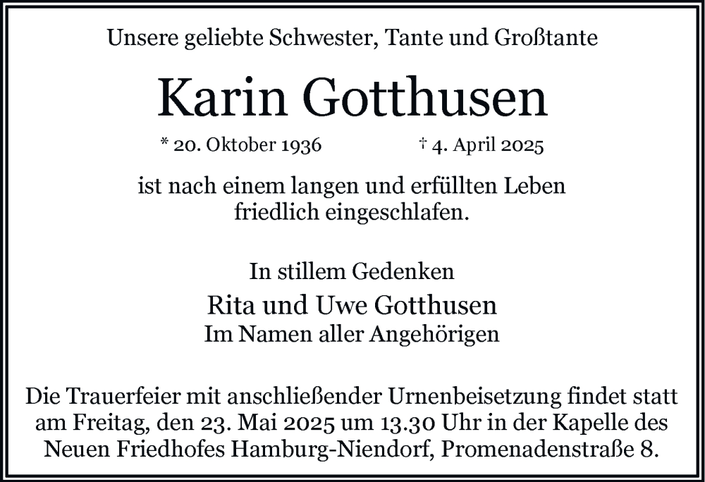 Traueranzeige für Karin Gotthusen vom 10.05.2025 aus 