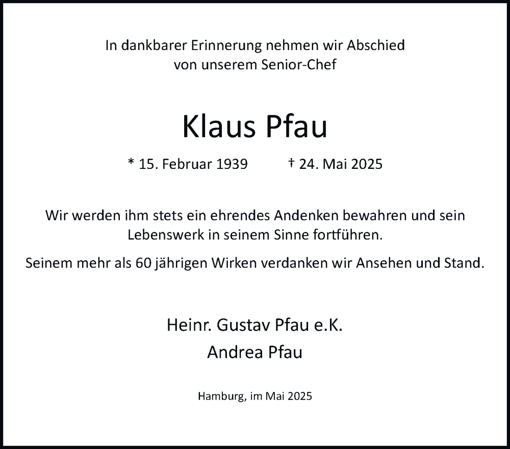  Traueranzeige für Klaus Pfau vom 31.05.2025 aus Hamburger Abendblatt