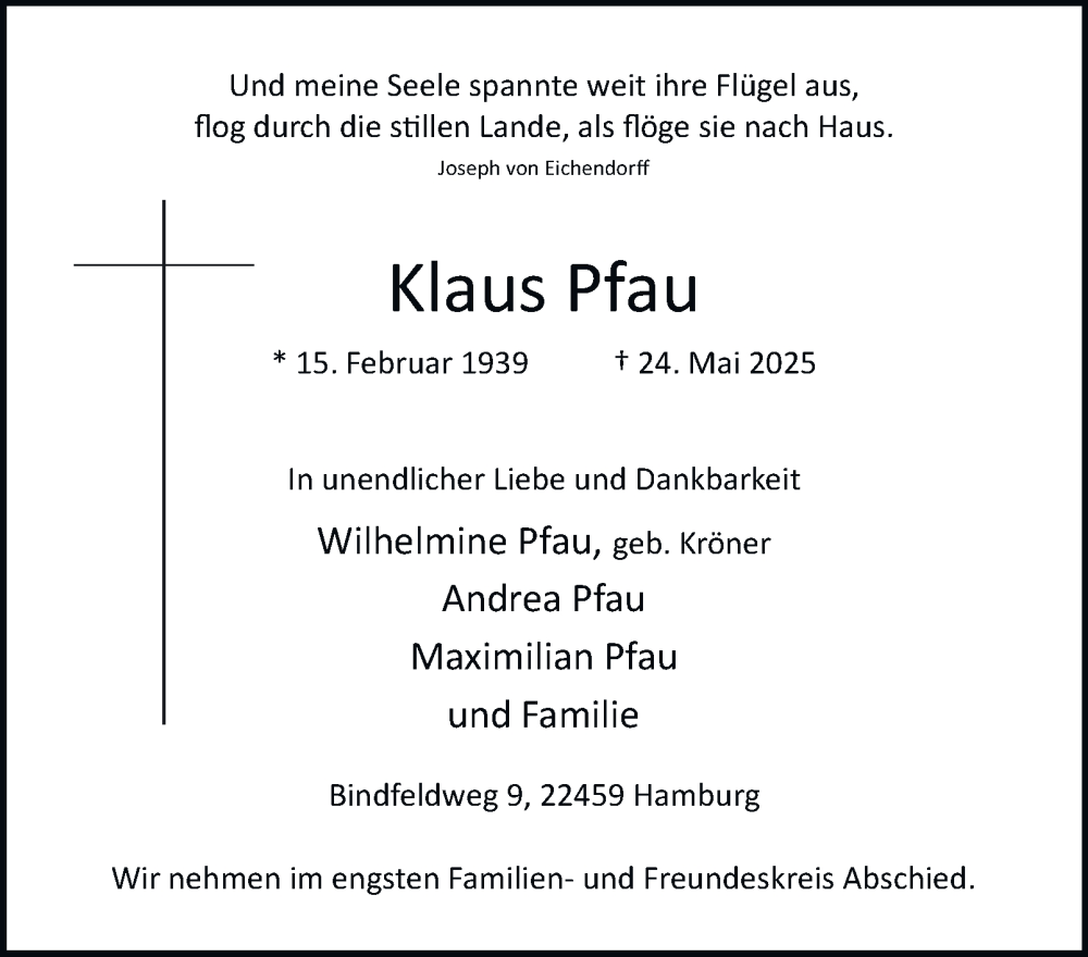  Traueranzeige für Klaus Pfau vom 31.05.2025 aus Hamburger Abendblatt