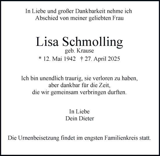 Traueranzeige von Lisa Schmolling von Hamburger Abendblatt