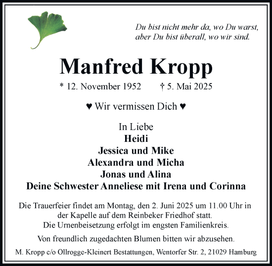 Traueranzeige von Manfred Kropp von Bergedorfer Zeitung