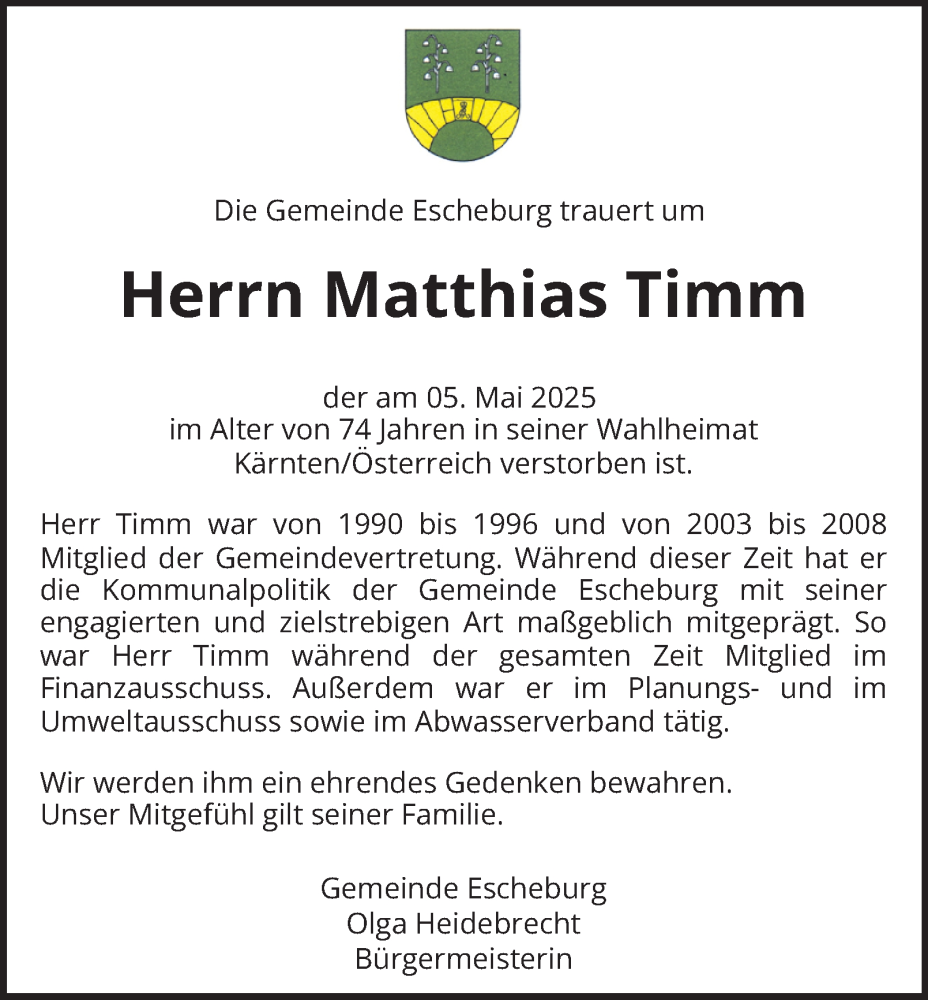  Traueranzeige für Matthias Timm vom 17.05.2025 aus Bergedorfer Zeitung