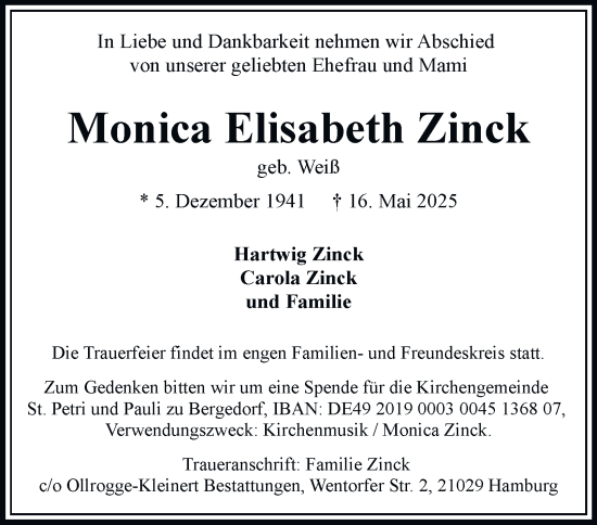 Traueranzeige von Monica Elisabeth Zinck von Bergedorfer Zeitung