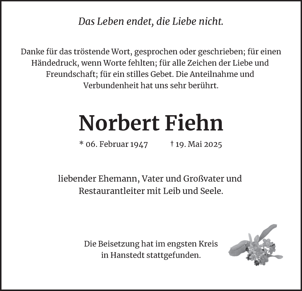  Traueranzeige für Norbert Fiehn vom 31.05.2025 aus Hamburger Abendblatt
