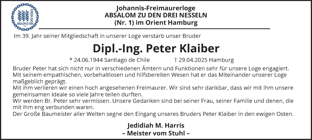  Traueranzeige für Peter Klaiber vom 17.05.2025 aus Hamburger Abendblatt