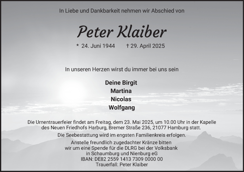 Traueranzeige für Peter Klaiber vom 17.05.2025 aus Hamburger Abendblatt