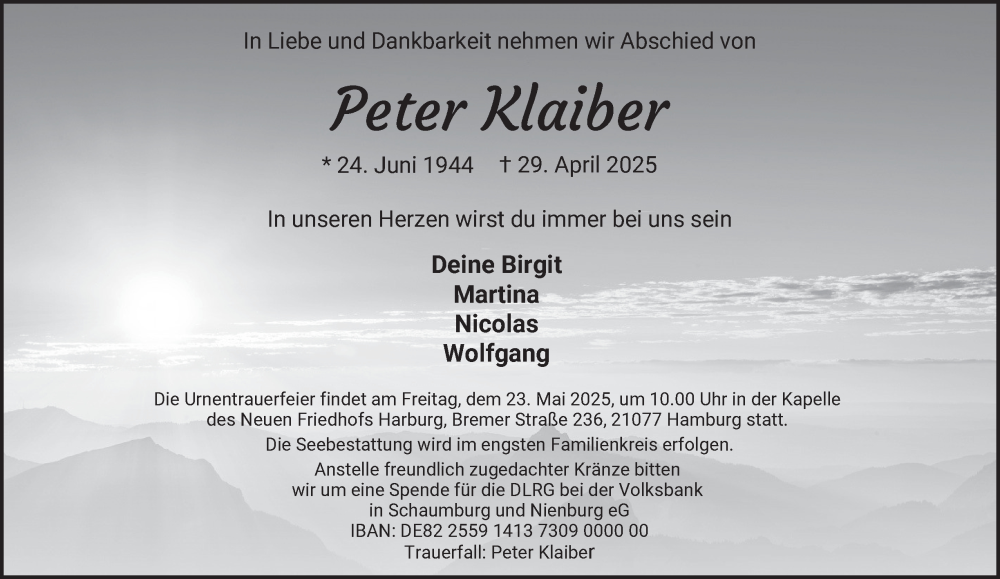  Traueranzeige für Peter Klaiber vom 17.05.2025 aus 